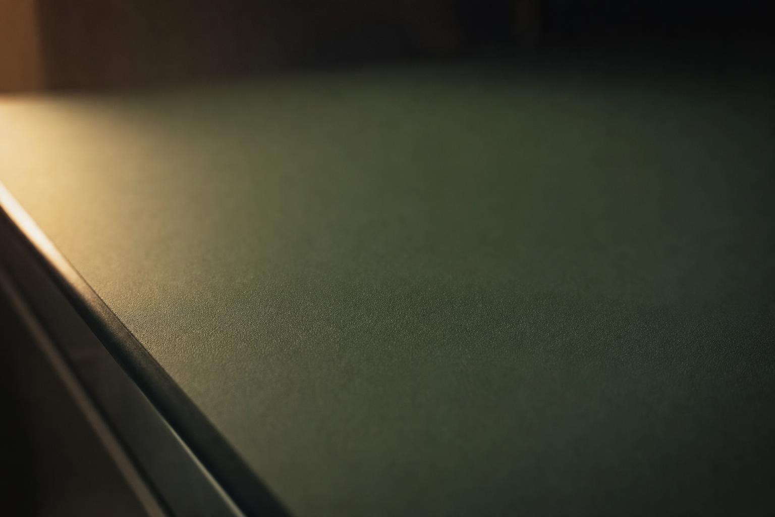 Makroaufnahme der samtigen Mattlack-Oberfläche einer tannengrünen Front im streifenden Licht.